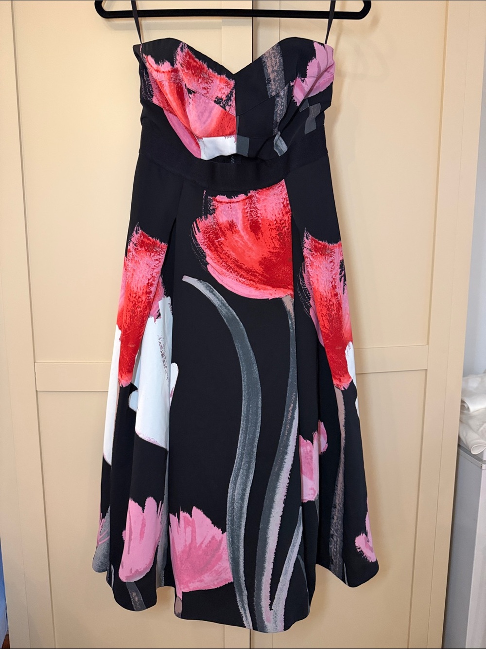 RACHEL Rachel Roy Strapless Black Dress with Red and Pink Floral Print